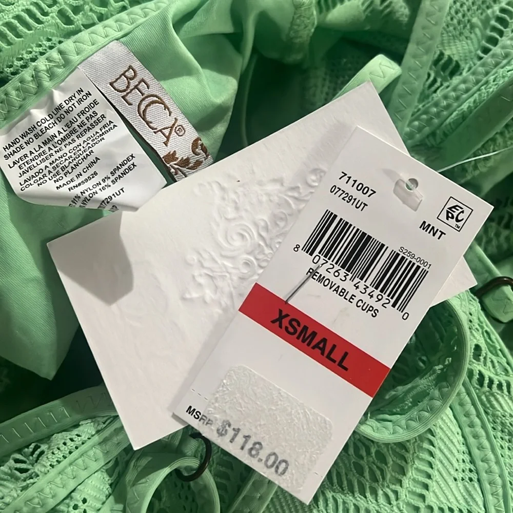 Becca Wanderlust Crochet Plunge One Piece Swimsuit in Mint Size XS NEW w/Tag